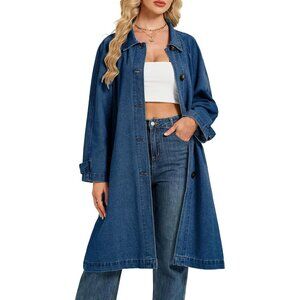 Denim Trench Coat Women Midi Long Jean Jacket Oversized Streetwear Casual